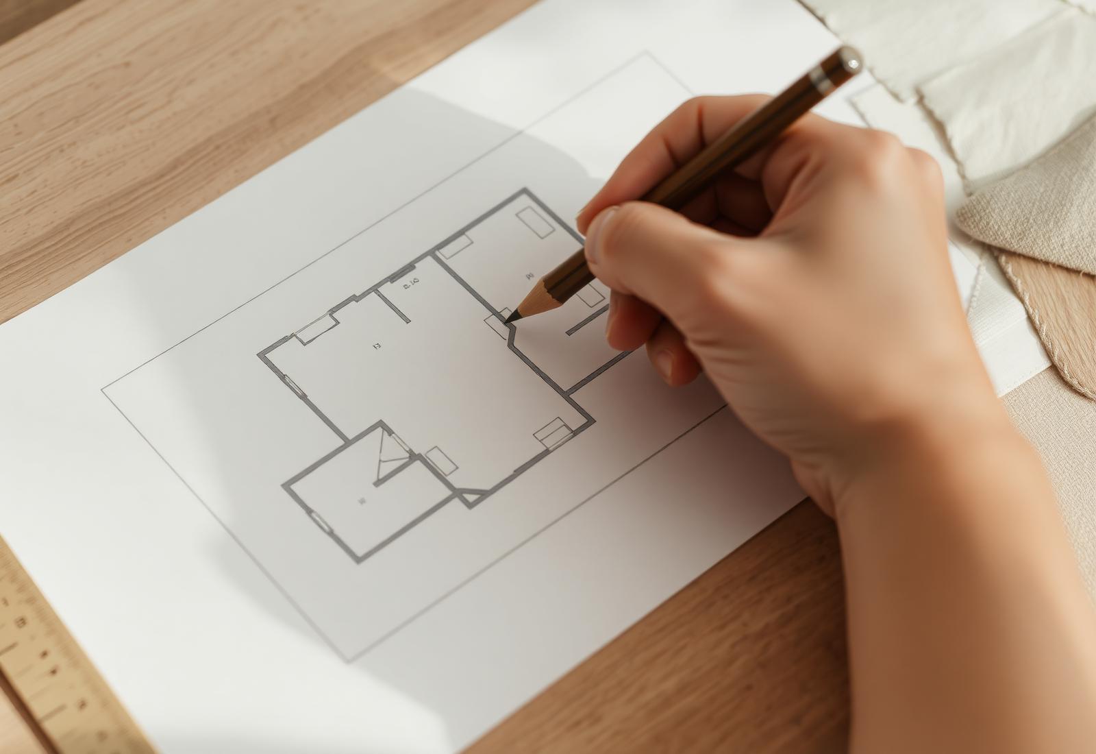 Hand-sketched floor plan on tracing paper with material samples